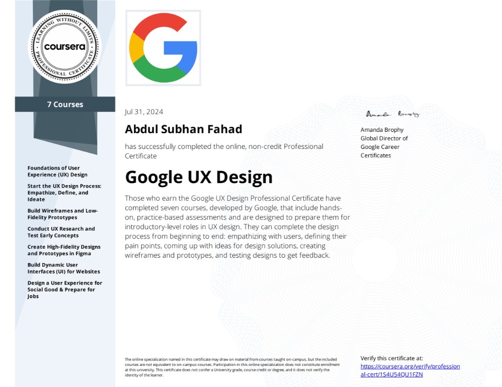 Google UX Design Professional Certificate — Coursera, 2024