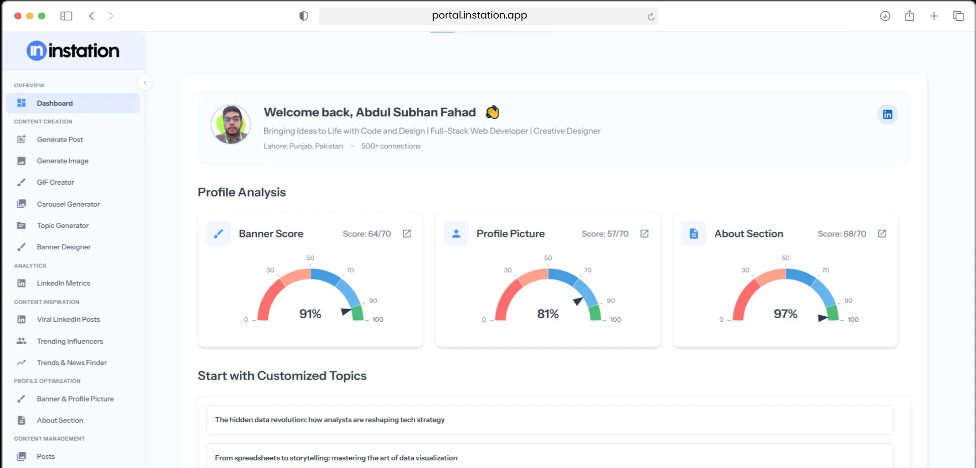 Instation responsive web application dashboard