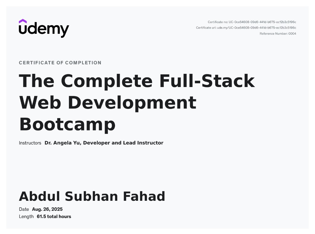 Full-Stack Web Development Bootcamp — Udemy, 2025
